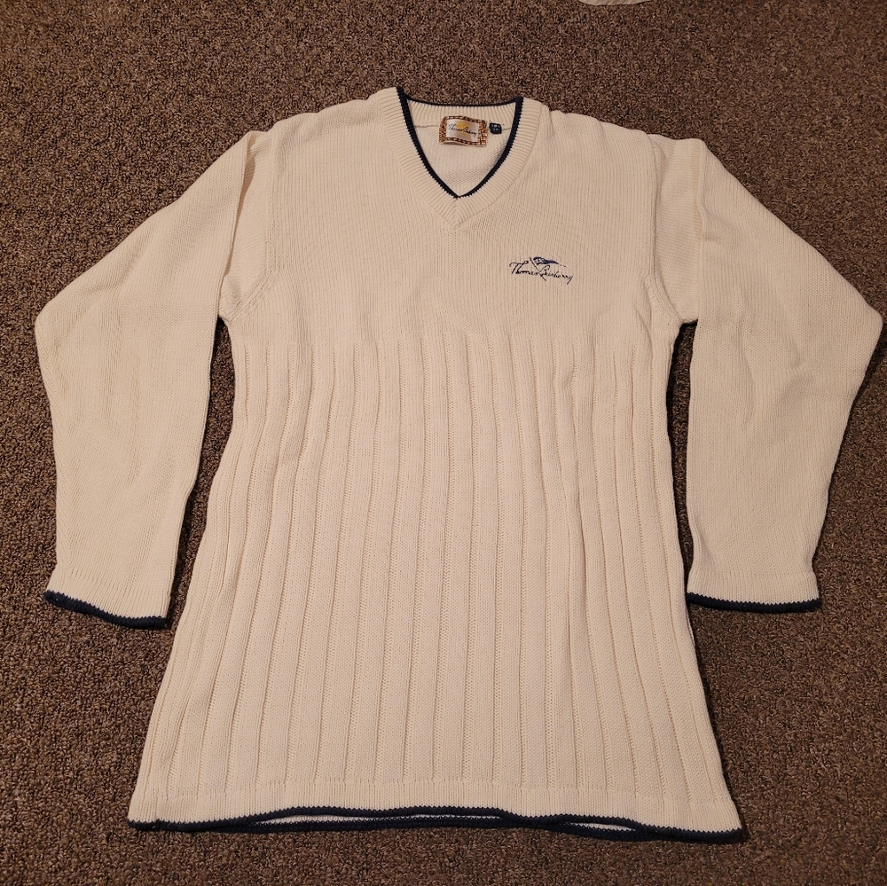 Thomas Burberry 3/4 Euro 100% Cotton  Off White V Neck Sweater